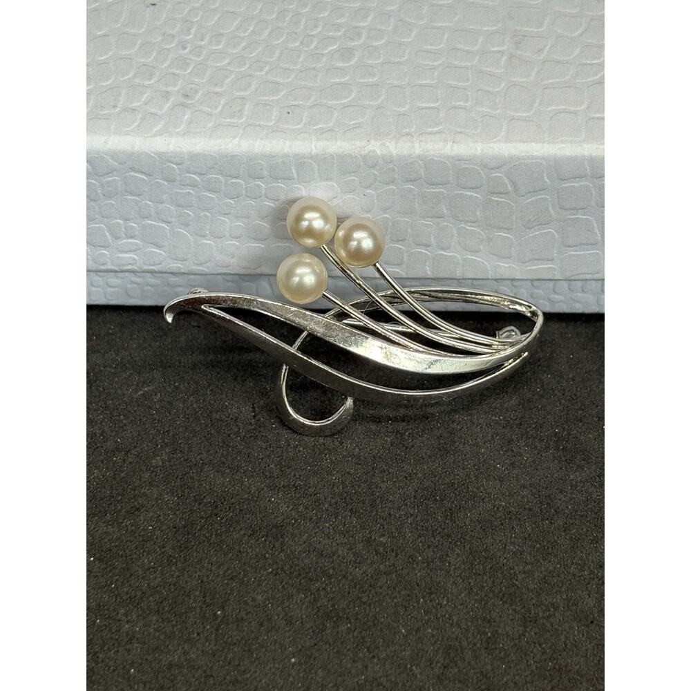 Vintage Mikimoto Sterling Silver Akoya Pearl Spray Brooch Signed Japan - Picture 7 of 8